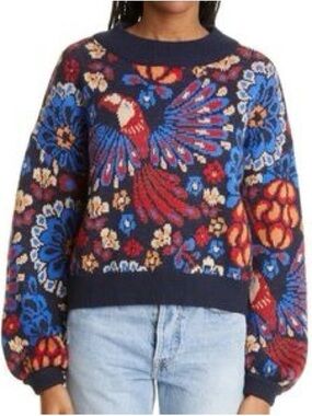 Farm Rio Floral Parrot Navy Knit Sweater - XL